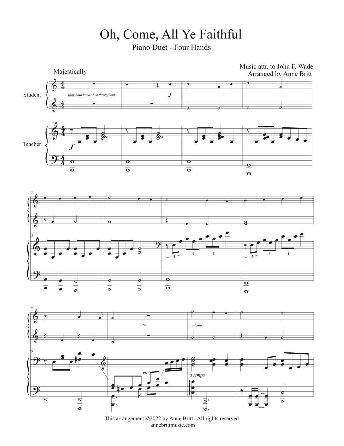 Oh, Come, All Ye Faithful (late elementary student/teacher piano duet) (arr. Anne Britt)