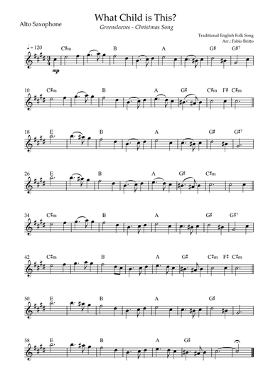 What Child is This? - Greensleeves (Christmas Song) for Alto Saxophone Solo with Chords (arr. Fernando Britto)