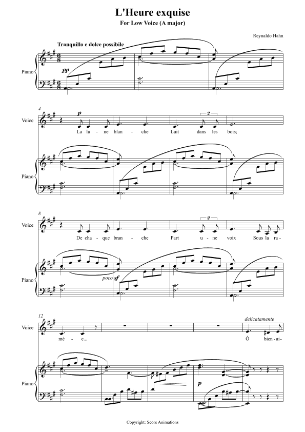 "L'heure exquise" for Low Voice (A major) (arr. Score Animations)