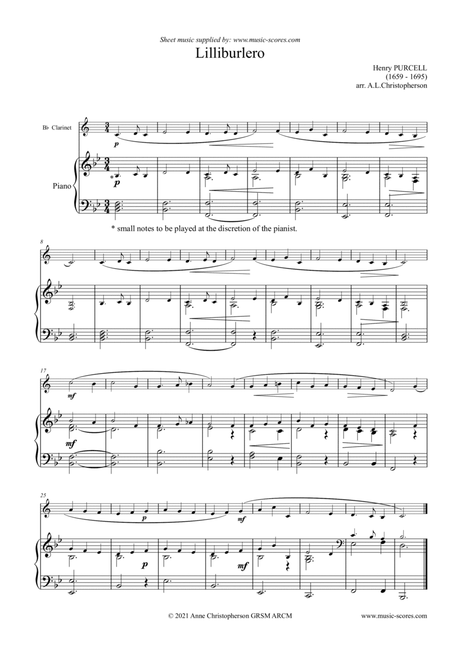 Lilliburlero - Clarinet and Piano (arr. Anne L Christopherson GRSM ARCM)
