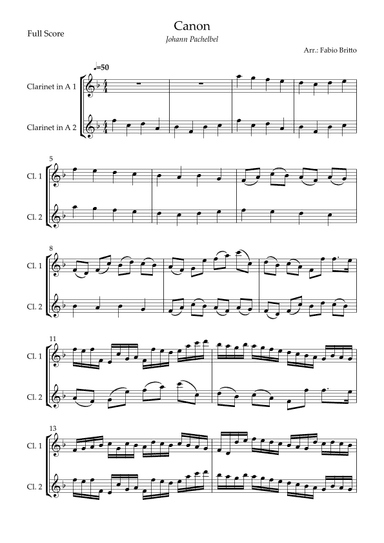 Canon - Johann Pachelbel (Wedding/Reduced Version) for Clarinet in A Duo (arr. Fabio Britto)