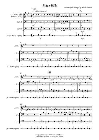 Jingle Bells (Jazzy Style!) for Clarinet or Trumpet and Two Cellos Trio (arr. David Burndrett)