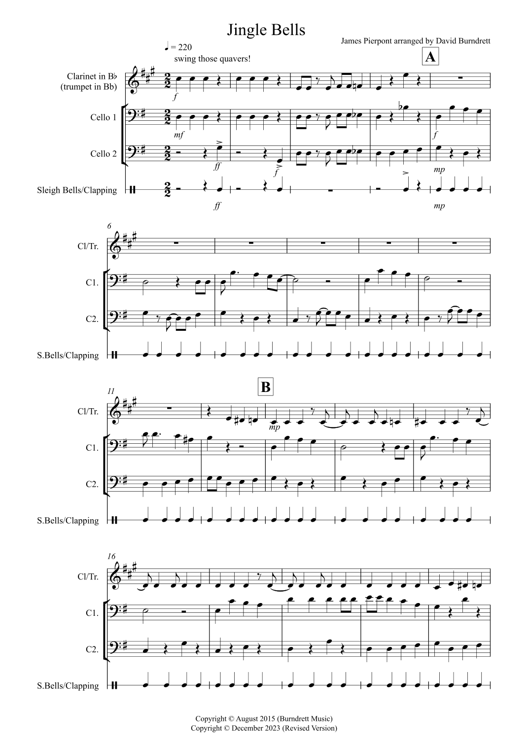 Jingle Bells (Jazzy Style!) for Clarinet or Trumpet and Two Cellos Trio (arr. David Burndrett)