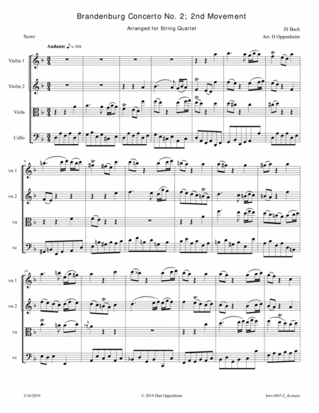 Bach: Brandenburg Concerto No. 2 (BWV 1047), 2nd Movement arranged for String Quartet (arr. D Oppenheim)