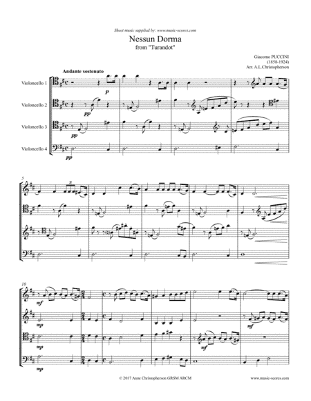 Nessun Dorma - Cello Quartet - D ma (arr. Anne L Christopherson GRSM ARCM)