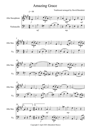 Amazing Grace for Alto Saxophone and Cello Duet (arr. David Burndrett)