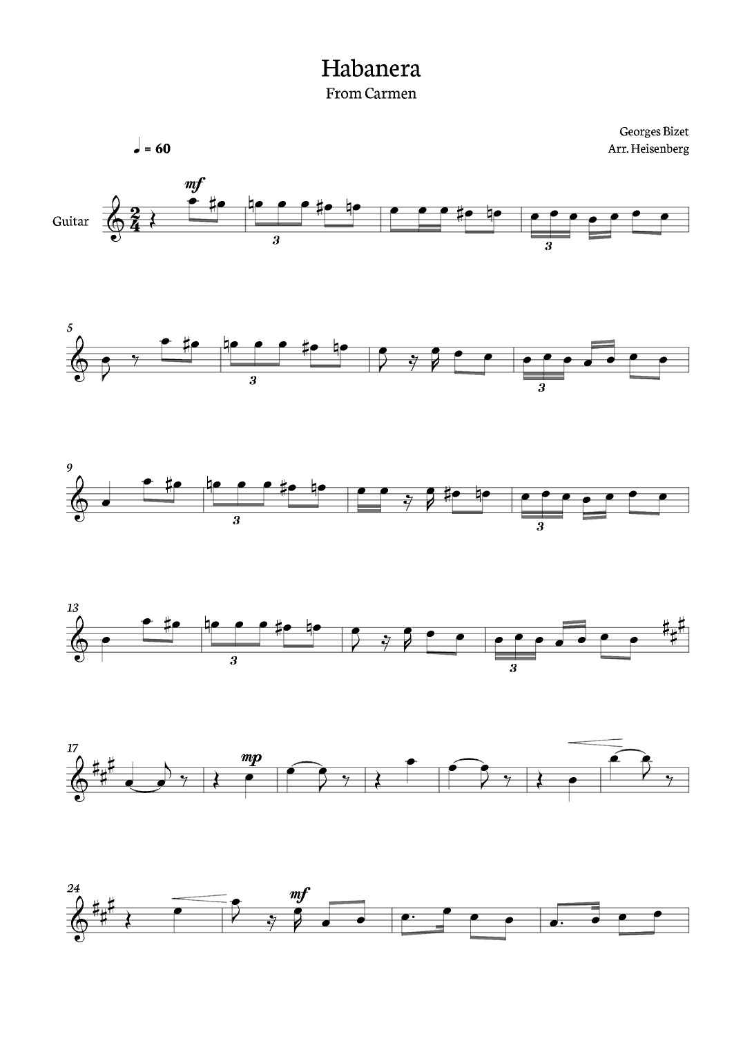 Habanera from Carmen for Guitar. (arr. Heisenberg)