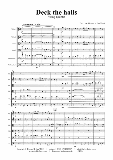 Deck the halls - Christmas Carol - Polyphonic - String Quintet (arr. Thomas H. Graf)