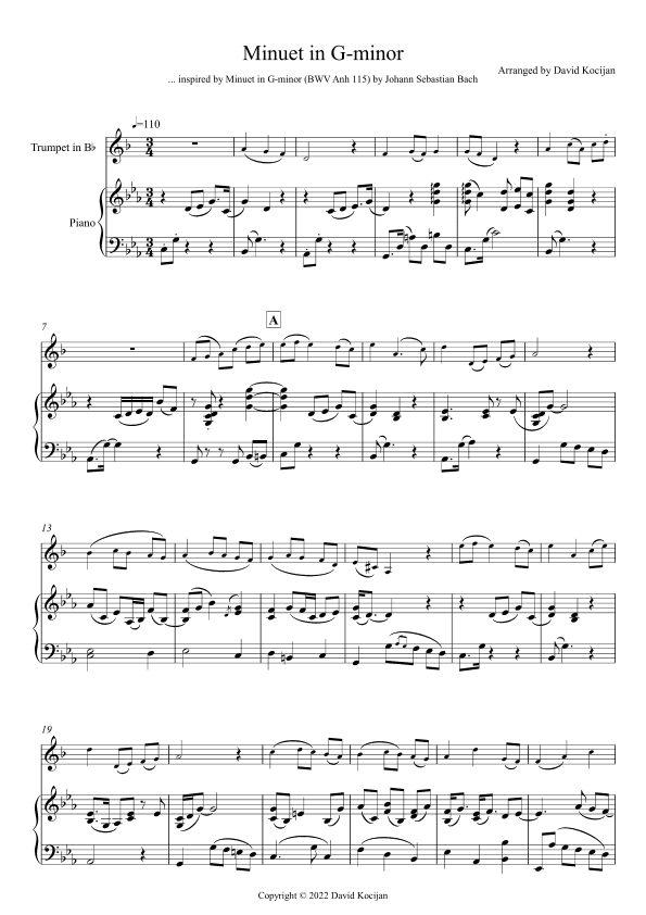 Minuet in G-minor - EASY (trumpet in Bb & piano) (arr. David Kocijan)
