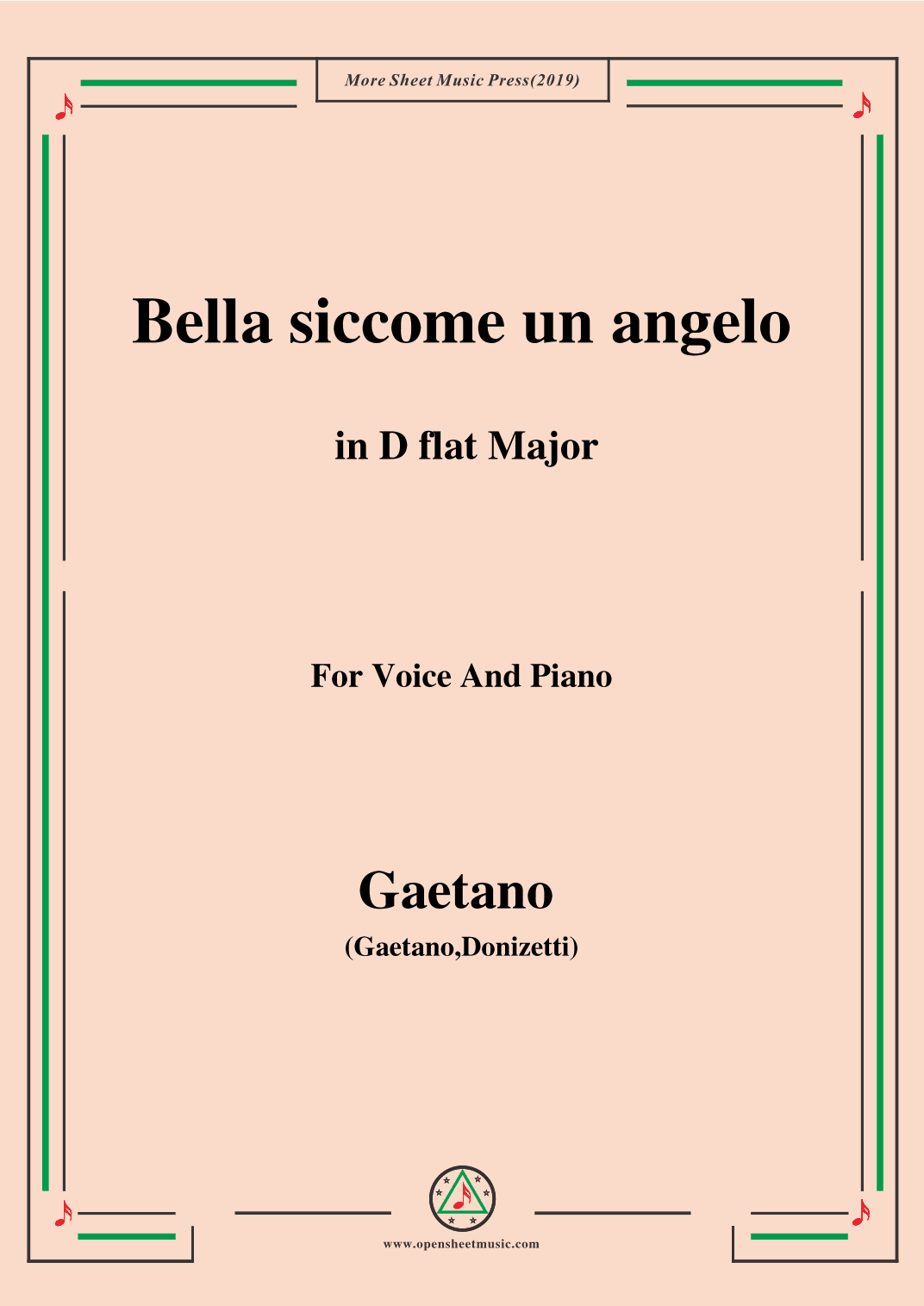 Donizetti-Bella siccome un angelo in D flat Major, for Voice and Piano (arr. MSM)