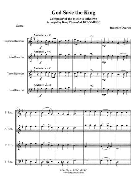 God Save the King for Recorder Quartet (arr. Doug Clyde)