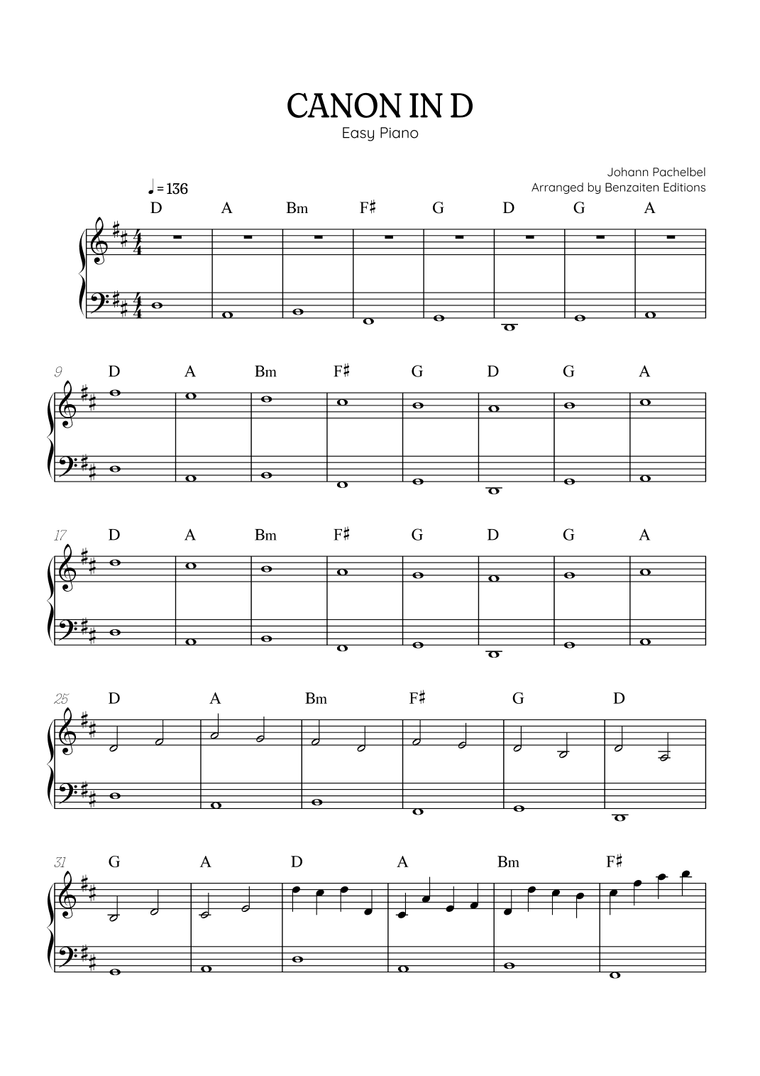 Pachelbel Canon in D • easy piano sheet music with chords (arr. Benzaiten Editions)