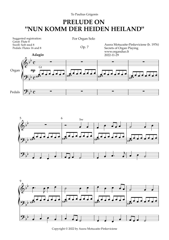 Prelude on "Nun komm der Heiden Heiland", Op. 7 (Organ Solo) by Ausra Motuzaite-Pinkeviciene