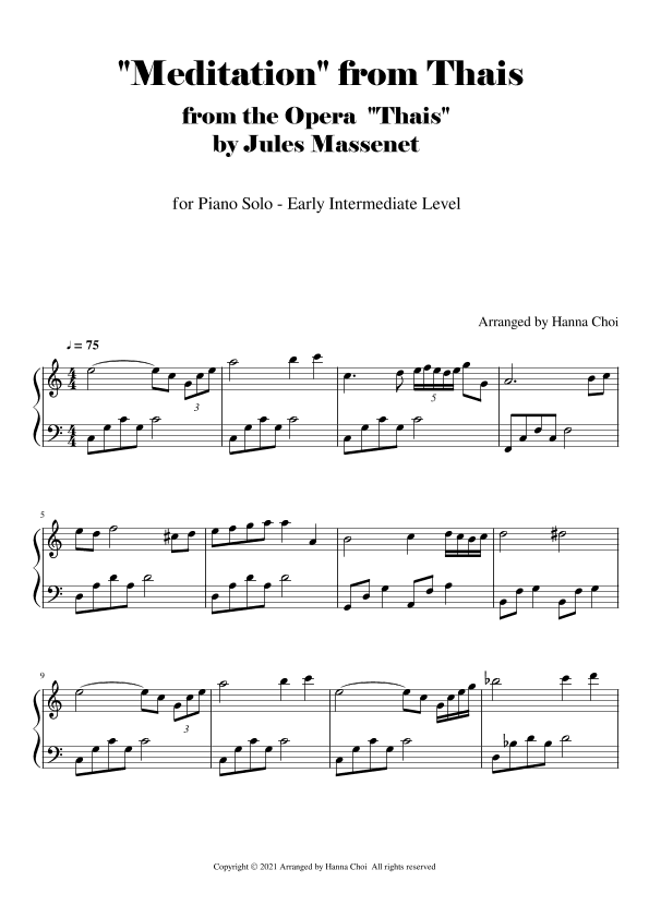 "Meditation"  from the Opera "Thais" [ for Piano Solo] (arr. Hanna Choi)