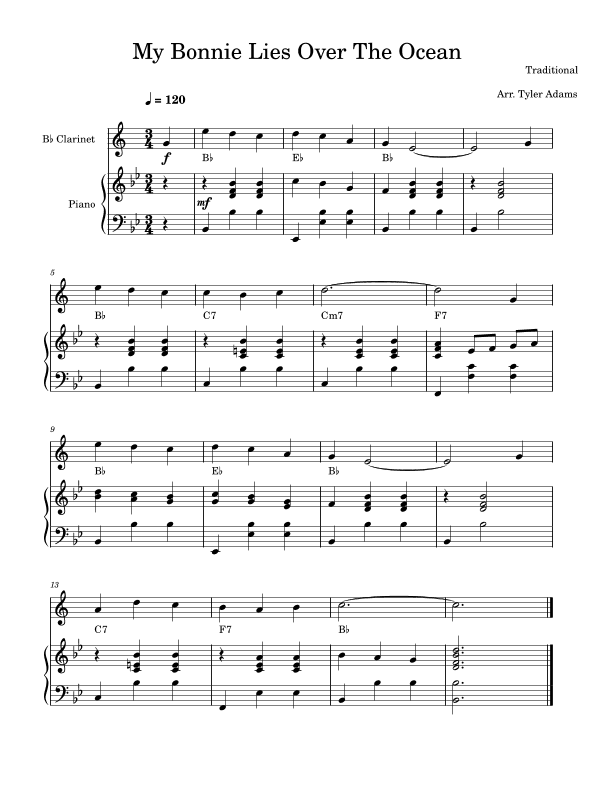 My Bonnie Lies Over The Ocean (Easy Clarinet) (arr. Tyler Adams)