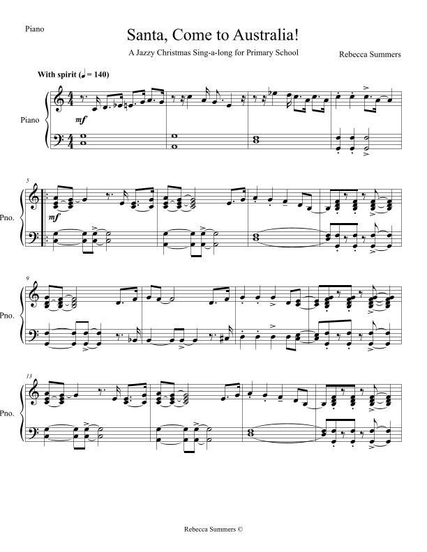 Santa, Come to Australia! - (New! Original! 2 part, piano and very easy brass PIANO PART)