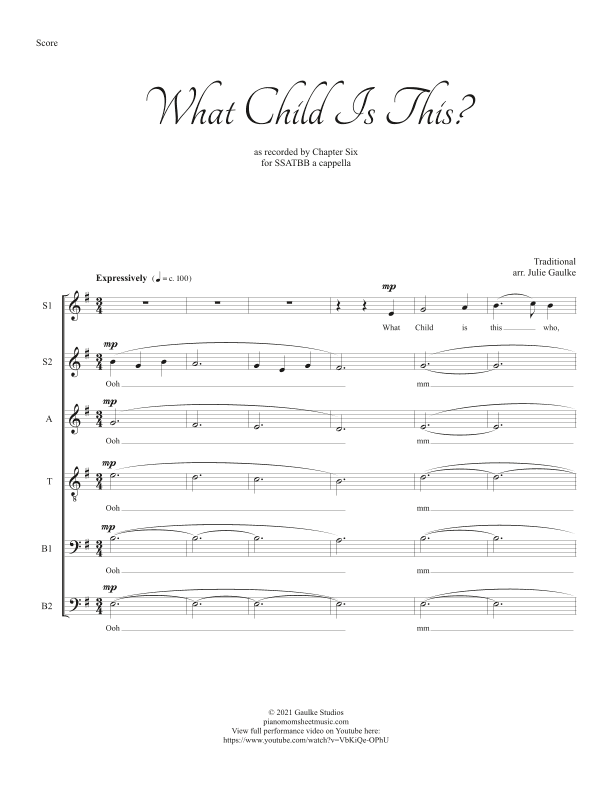 What Child Is This (Greensleeves) SSATBB a cappella (arr. Julie Gaulke)