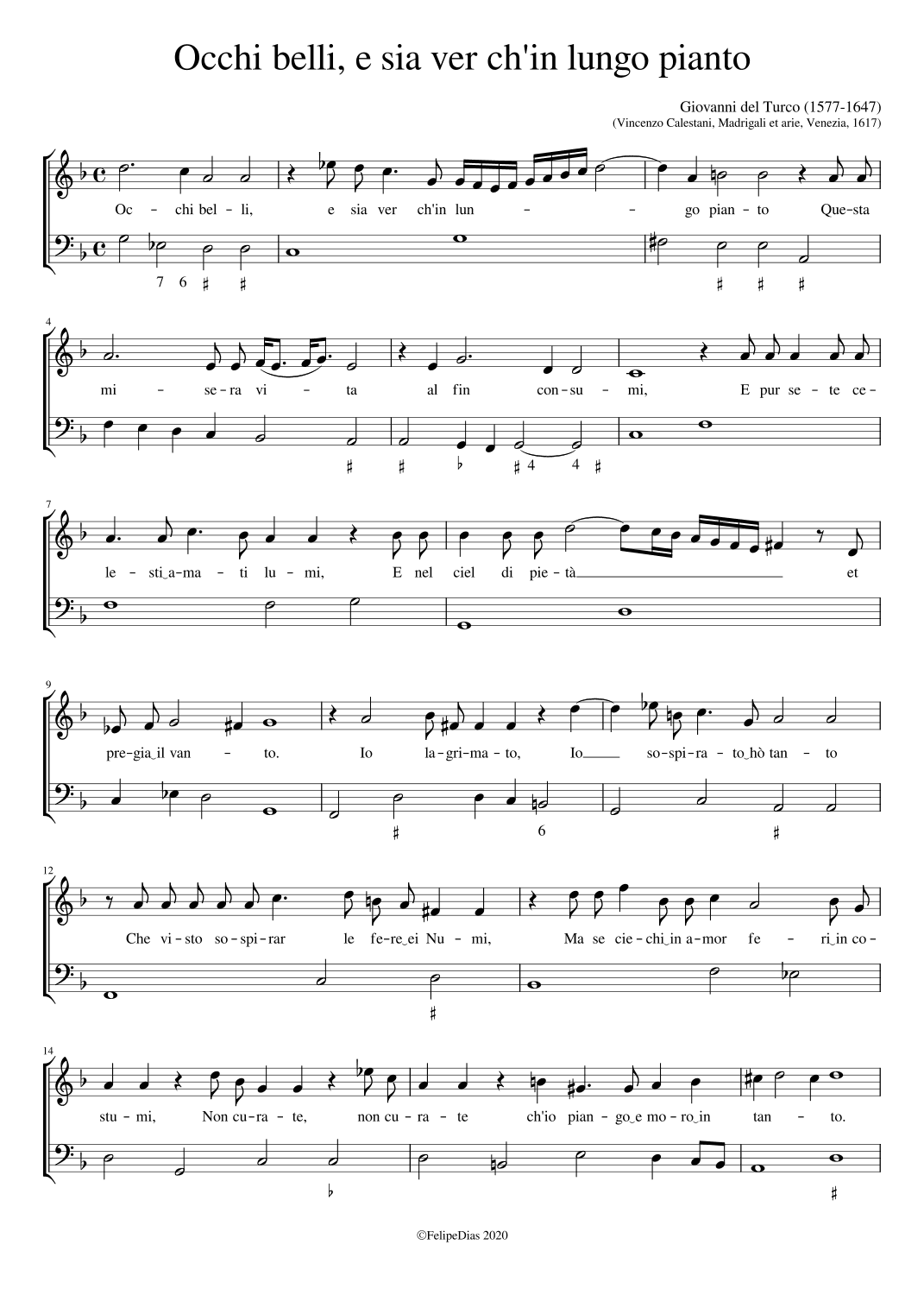 Occhi belli e sia ver ch'in lungo pianto (arr. Early Music Scores)