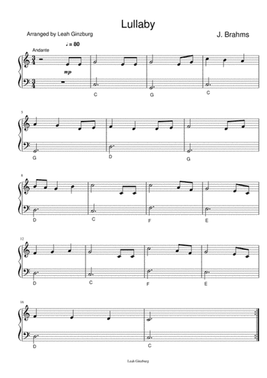 "lullaby" by Johannes Brahms, Easy piano solo arranged by Leah Ginzburg (arr. Leah Ginzburg)