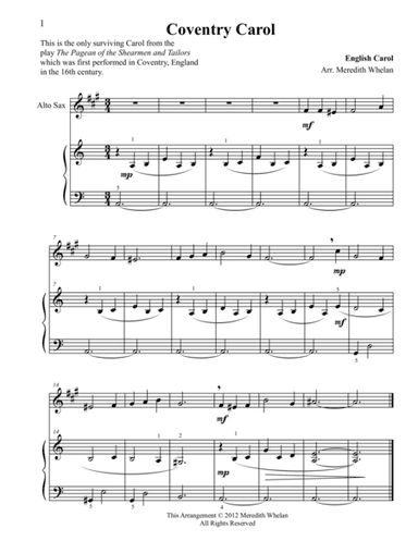 Christmas Duets for Alto Saxophone & Piano:  Coventry Carol (arr. Meredith Whelan)
