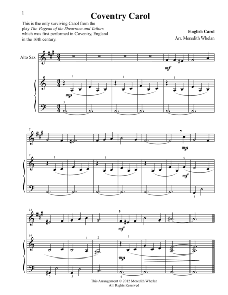 Christmas Duets for Alto Saxophone & Piano:  Coventry Carol (arr. Meredith Whelan)