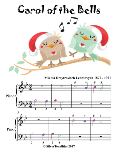 Carol of the Bells Beginner Piano Sheet Music with Colored Notes (arr. SilverTonalities)