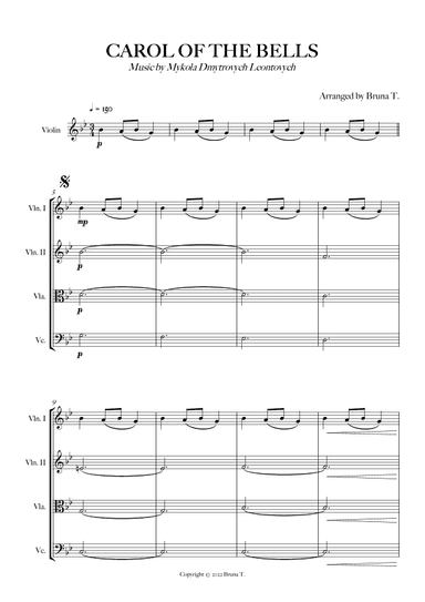 Carol of the Bells (String Quartet) - Score Only (arr. Bruna T.)