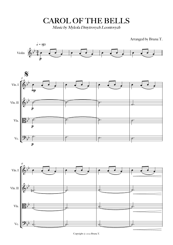 Carol of the Bells (String Quartet) - Score Only (arr. Bruna T.)