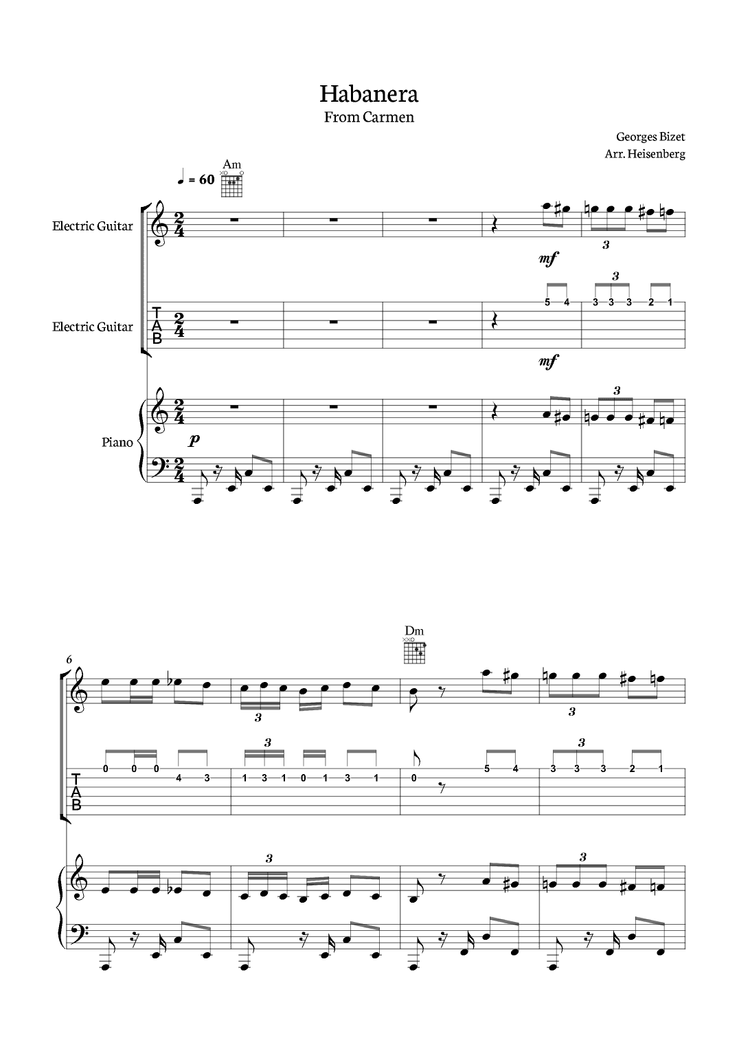 Habanera from Carmen for Eletric Guitar with piano, tab and chords. (arr. Heisenberg)