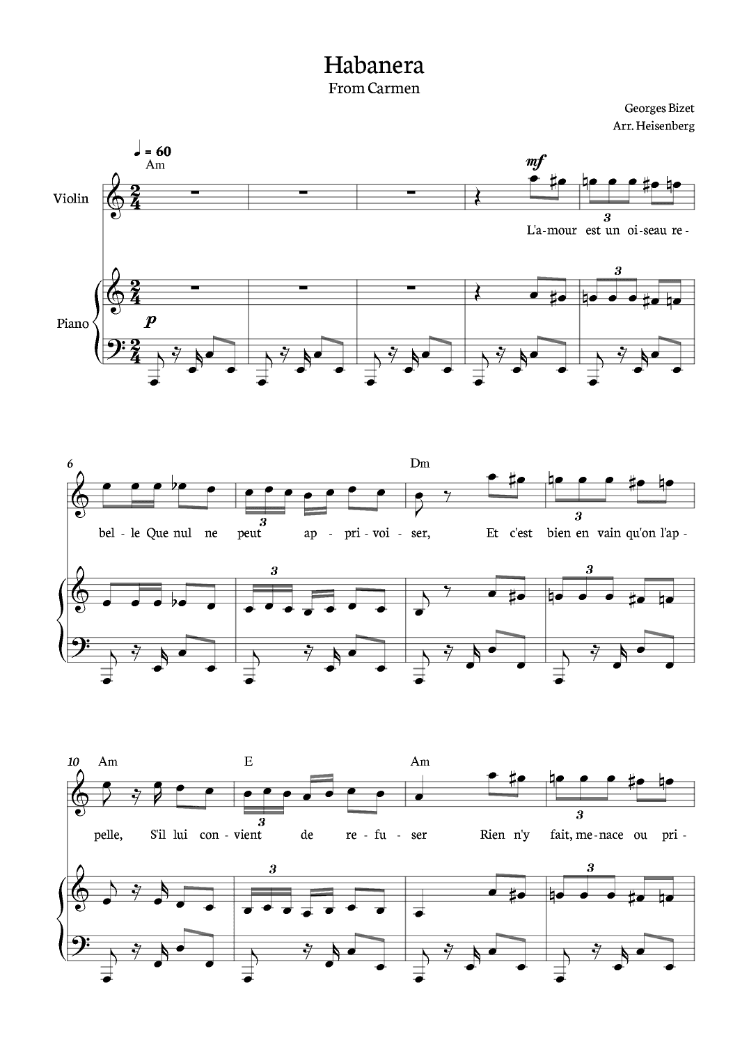 Habanera from Carmen for violin with piano and chords. (arr. Heisenberg)