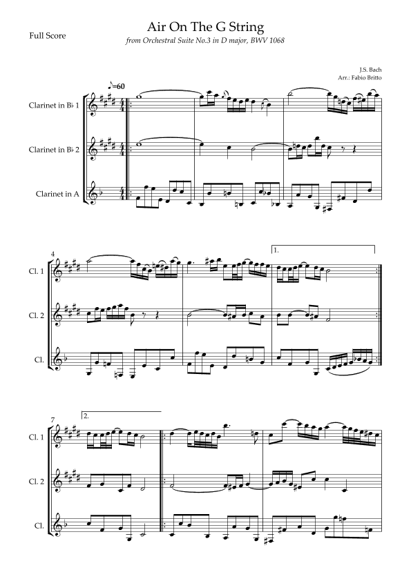 Air On The G String (J.S. Bach) for Clarinet Trio (arr. Fabio Britto)