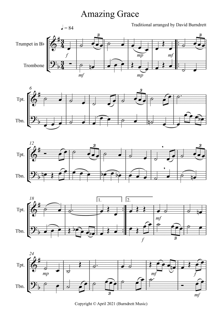 Amazing Grace for Trumpet and Trombone Duet (arr. David Burndrett)