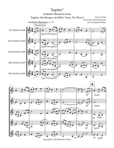 Jupiter (Andante Maestoso from "Jupiter, the Bringer of Jollity" from The Planets) (Bb) (Clarinet Qu (arr. Regis Bookshar)