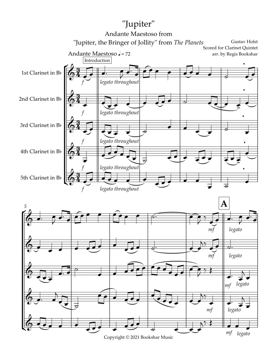 Jupiter (Andante Maestoso from "Jupiter, the Bringer of Jollity" from The Planets) (Bb) (Clarinet Qu (arr. Regis Bookshar)