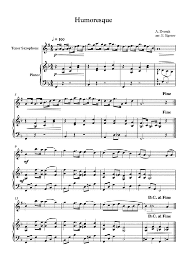 Humoresque, Antonin Dvorak, For Tenor Saxophone & Piano (arr. Eugene Egorov)