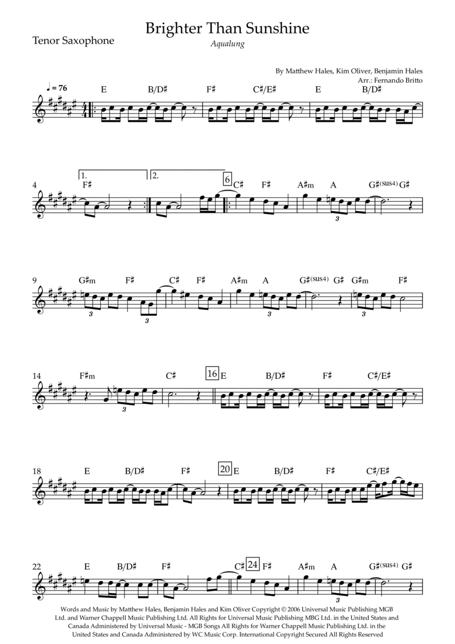 Brighter Than Sunshine (arr. Fernando Britto)
