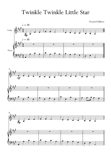 Twinkle Twinkle Little Star for Violin and Piano in A Major. Very Easy. (arr. Matheus Araújo)