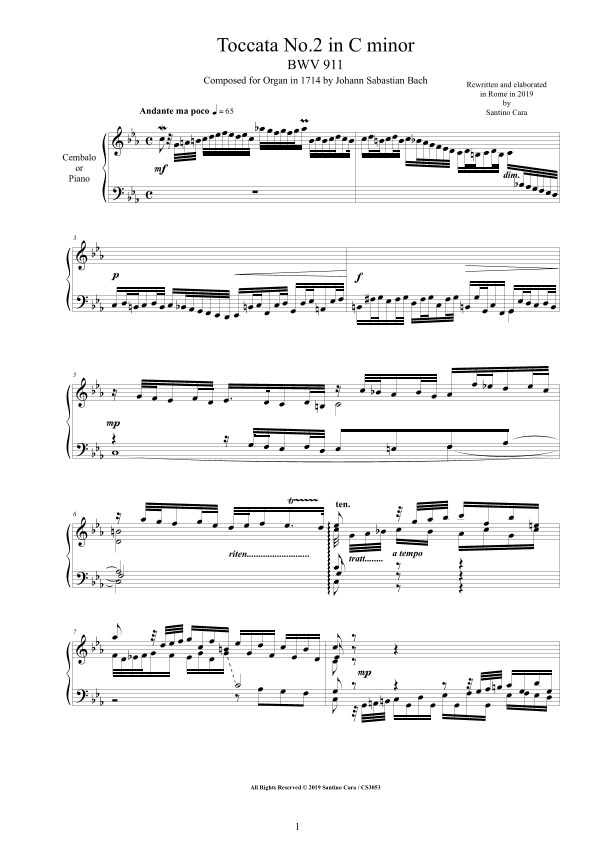 Bach - Toccata No.2 in C minor BWV 911 for Harpsichord or Piano - Complete score (arr. Santino Cara)