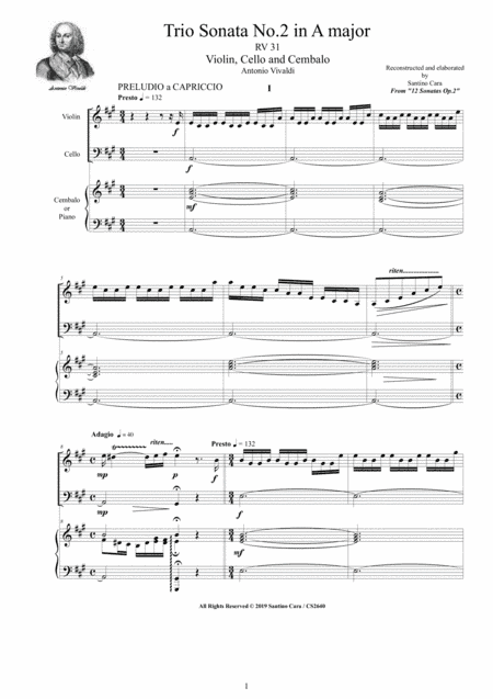 Vivaldi - Trio Sonata No.2 in A major RV 31 Op.2 for Violin, Cello and Cembalo (or Piano) (arr. Santino Cara)