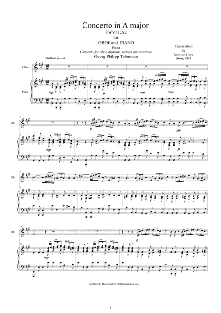 Telemann - Concerto in A major TWV51-A2 for Oboe and Piano (arr. Santino Cara)