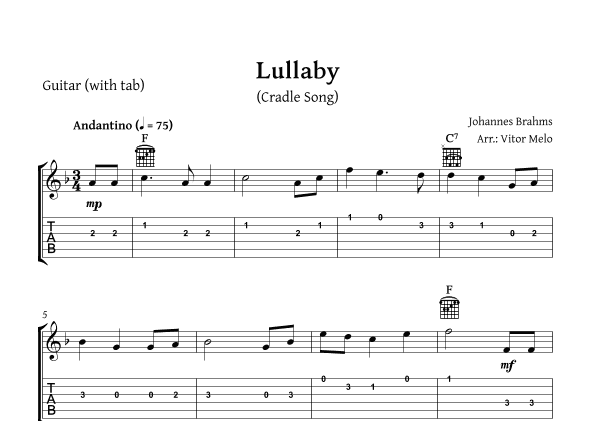 Brahms Lullaby - Guitar (with tablature) (arr. Vitor Melo)