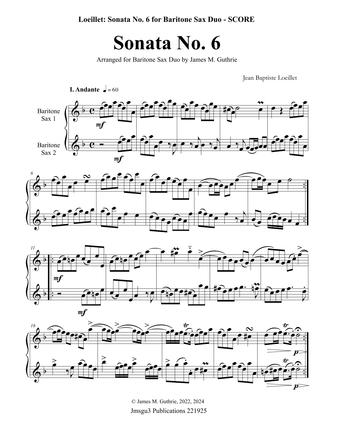 Loeillet: Sonata No. 6 for Baritone Sax Duo (arr. James M. Guthrie)