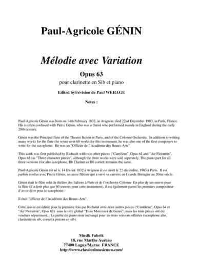 Paul-Agricole Génin: Mélodie avec variation, opus 63, for Bb clarinet and piano (arr. Paul Wehage)