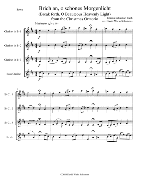 Brich an, o schönes Morgenlicht (Break forth, O beauteous heav'nly light) for clarinet quartet (arr. David Warin Solomons)