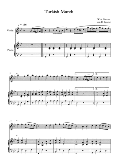 Turkish March, Wolfgang Amadeus Mozart, For Violin & Piano (arr. Eugene Egorov)