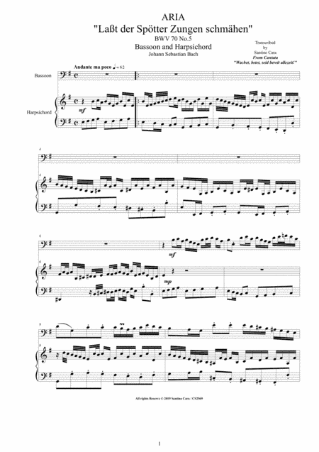 Bach - Aria (Laßt der Spötter Zungen schmähen) BWV 70 No.5 for Bassoon and Harpsichord (arr. Santino Cara)