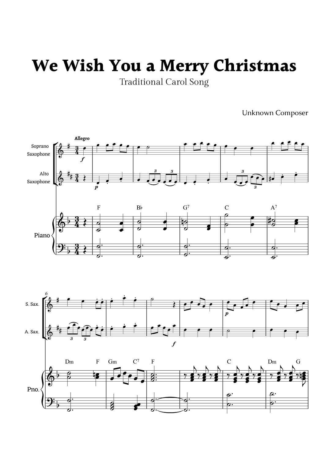We Wish you a Merry Christmas for Soprano Sax and Alto Sax Duet with Piano (arr. Rika K.)