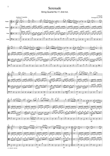 Haydn  Serenade (String Quartet No.17, 2nd mvt.), for string quartet, CH001 (arr. FCMUSIC)