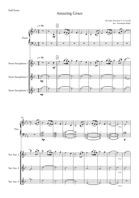Amazing Grace for Tenor Saxophone Trio and Piano Accompaniment with Chords (arr. Fernando Britto)