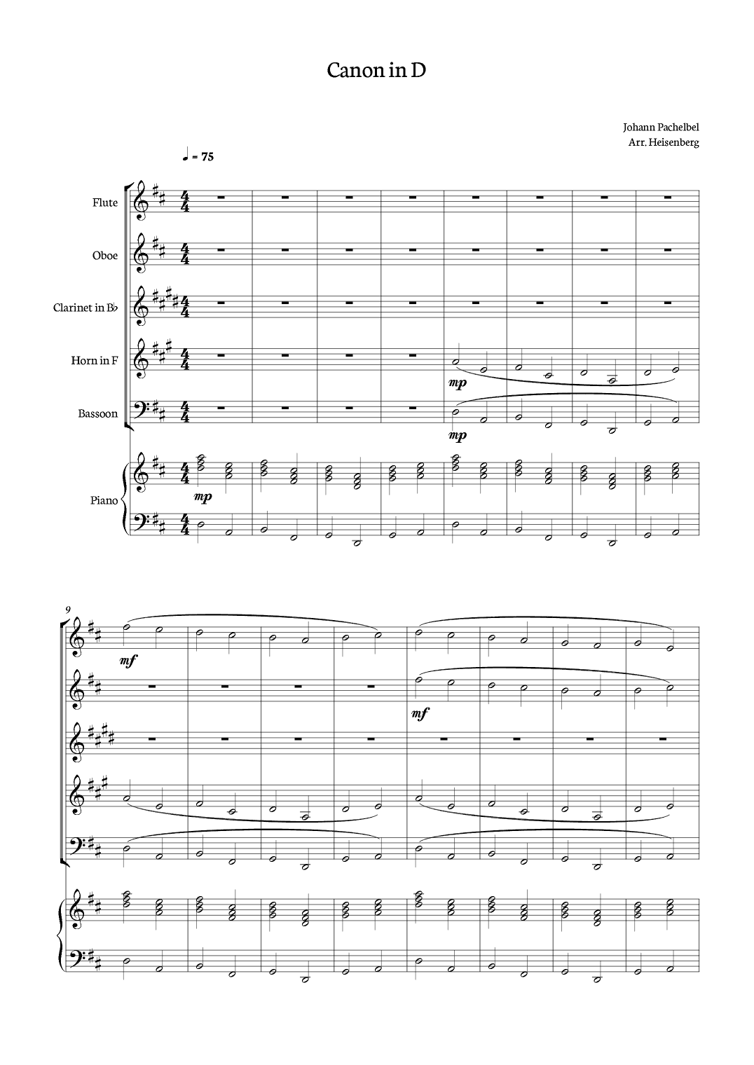 Canon in D - Johann Pachelbel for Woodwind Quintet with piano. (arr. Heisenberg)
